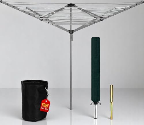 MEHRU Heavy Duty Rotary Washing Line Outdoor 4 Arm 60M Clothes Airer with Peg Bag Metal Ground Spike Waterproof Cover Foldable Garden Dryer Whirlygig Laundry Spinner Weatherproof Portable Drying Horse - Image 2