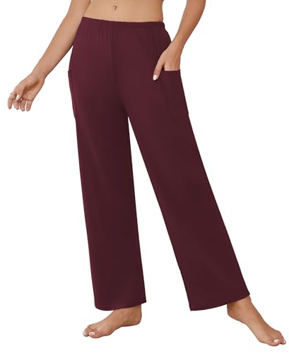 Ekouaer Pajama Pants for Women Soft Comfy Pajama Sleep Bottoms Casual Stretch Wide Leg Lounge Pants with Pockets Dark Red Small