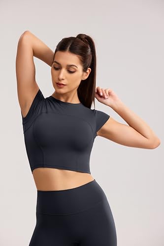 Image of ENERBLOOM Workout Crop Tops for Women Yoga Short Sleeve Mild Support Slim Fit Cropped Athletic Shirts Gym Tee Built in Bra