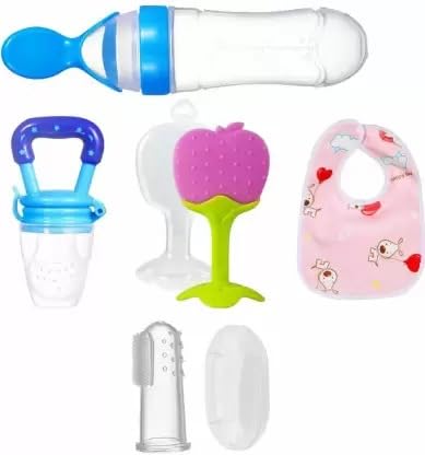 Spoon Bottle With Silicone Infant Teether, Pacifier, Finger Brush & Baby Bib/Appron For Babies (Pack Of 5 Combo) (Multi)