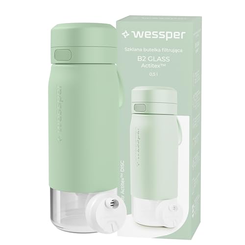 Wessper Botella Agua Filtro, 500 ml, Botella de Vidrio Borosilicato, con Filtro Agua Potable Actitex DISC, Contador de Sustitución del Filtro Integrado, Reduce el Cloro, BPA FREE   Menta