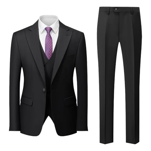 Men Solid Color Wedding 3 Piece Party Business Casual Slim Blazers Vest Pants Set Black