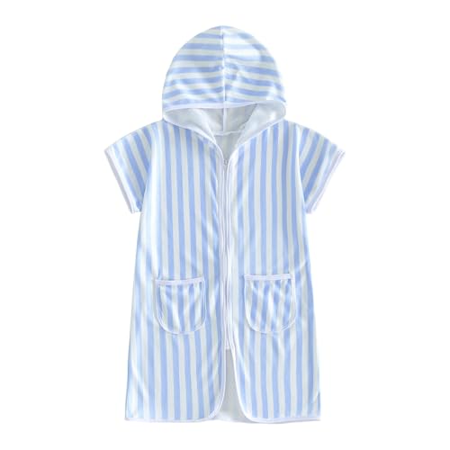 Image of Girls Boys Hooded Terry Coverups One Piece Swimsuits Summer Striped Trim Zip Up Short Sleeve Swim Cover Up Beachwear