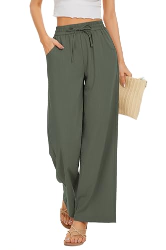 KICZOY Women Summer Pants Flowy Pants Drawstring Waist Wide Leg Palazzo Beach Pants Loose Fit with Pockets