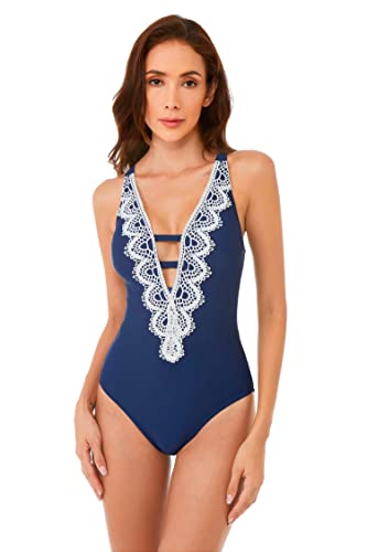Destination One Piece Swimsuit, Plunge Neck with Crochet Trim, Bathing Suit for Women