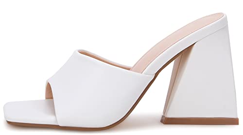 VETASTE Women's Heeled Sandals Square Open Toe Slip on Block Heels Mules4
