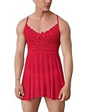 FYMNSI Herren Sissy Crossdressing Kleid Dessous Reizwäsche Transparent Spitze Negligee Dessous Nachtkleid mit String Nachtwäsche V-Ausschnitt Unterhemd Schlafkleid Unterwäsche Rot M