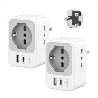 Adattatore Presa Inglese a Spina Italiana Pack da 2, TESSAN Adattatore UK con USB C e USB A, 5 in 1 Adattatori Prese Inglesi 3250 W, Spina Inglese per Regno Unito, Irlanda, Scozia, Singapore, Tipo G