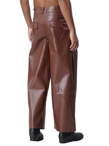 Hularka Adult Mens Casual Faux Leather Straight Leg Trousers Wet Look Motorcycle Riding Pants4