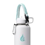 HYDRO CELL Paracord Handle for Wide Mouth Water Bottles - Carrier Strap w/Attachment Ring and Carabiner Accessory. Compatible w/ 64oz, 40oz 32oz, 24oz, 18oz, 14oz Insulated Bottles (Teal/White)