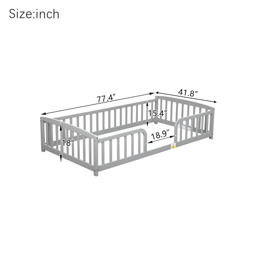 Image of Bellemave Twin Size Montessori Floor Bed Frame with High Fence, Solid Wood Kids Floor Bed with Central Entrance, Low Profile Bed for Boys & Girls, Rounded Corner Design,Gray