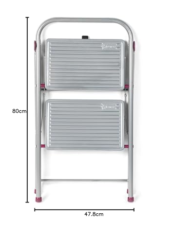 Kleeneze KL068491EU Escalera Plegable con 2 Peldaños, Fácil De Plegar, Gancho De Seguridad, Antiadherrente, Color Rosa/Gris, 80 cm