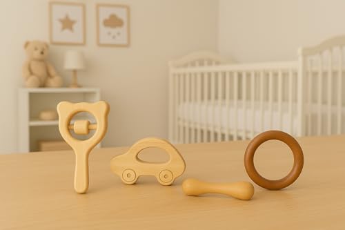 Image of Shark Doo Doo Neem Wood Baby Teether & Rattle Combo (Car, Rattle, Ring & Stick) | Organic & Handcrafted | Chemical-Free, Antibacterial Teething Toy for Babies