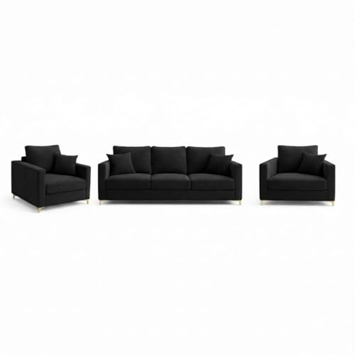 Image of Hayes Rich Velvet Suede 3+1+1 Seater Sofa Set | Golden Aesthetic Legs | Soft Touch Comfort | 5 Person Seating | Modern Living Room Set (Black)