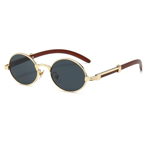 YAMEIZE Gafas de Sol Redondo de Madera Hombre Mujer Pequeño Ovaladas Gafas de Sol Marco de Metal Protección UV400