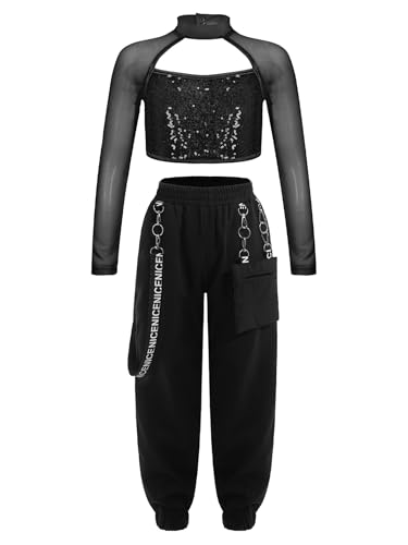 Eandarui Tanzkleidung Mädchen Hip Hop Street Dance Outfit Langarm Pailletten Shirt + Cargohose Mit Metallkette Bauchfrei Tanzoutfits Schwarz 146-152