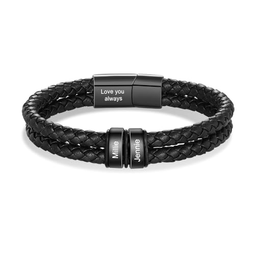Personalized Custom Name Bracelets for Men - Mens Leather Bracelet with 2-6 Family Names,Customized Bracelet Father's Day Dad Gifts for Husband Son