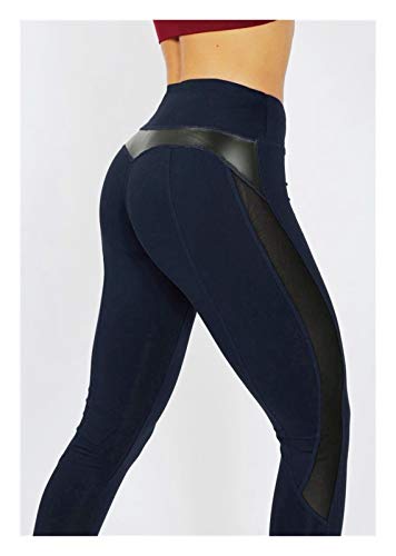 XBECO Sólido De Cintura Alta Aptitud De Las Mujeres Atractivas Legging Entrenamiento Leggins Acoplamiento De La Manera Y PU Polainas del Remiendo del Cuero Buena Elasticidad (Color : Navy, Size : XL)