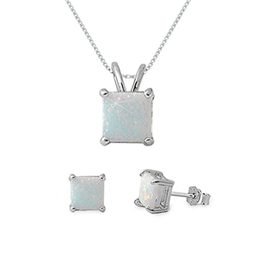 Kriskate & Co. Sterling Silver Square Cut White Lab Opal Necklace and Earrings Set-18IN