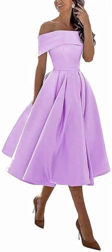 Image of Knee-Length Satin Off Shoulder Homecoming Dress Short Prom Cocktail Party Dress for Junior