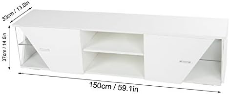 TV Stand Cabinet White TV Units for Living Room, TV Furniture Cabinet with Glass Shelf, Tv Cabinet for 55 Inch TV, Modern TV Units with Blue Led Lights, 150x33x37cm (Load Bearing 50kg / 110lb)