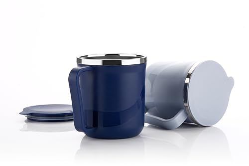 Image of XMART India Insulated Stainless Steel Coffee Mug with Lid - 300ml Double Wall Tea & Milk Mug for Travel, Home, Office, Restaurant Stylish, Leakproof, Drinkware Gifts for Woman,Man (1, Navy Blue)