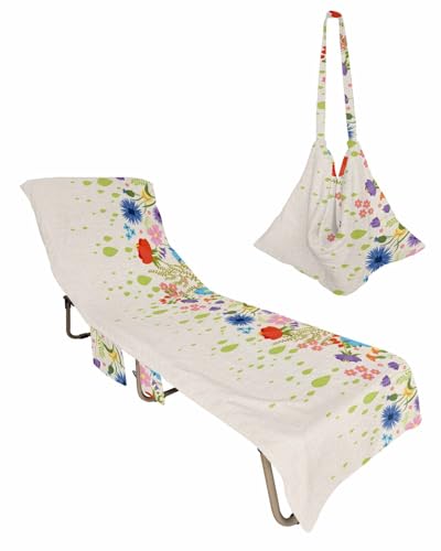Spring Floral Beach Lounge Chair Towel Cover, Soft Chaise Lounge Towel with Side Pockets Patio Pool Chairs Cover for Beach/Pool Sunbathing 29x85 Colorful Flowers Botanical Summer Rustic