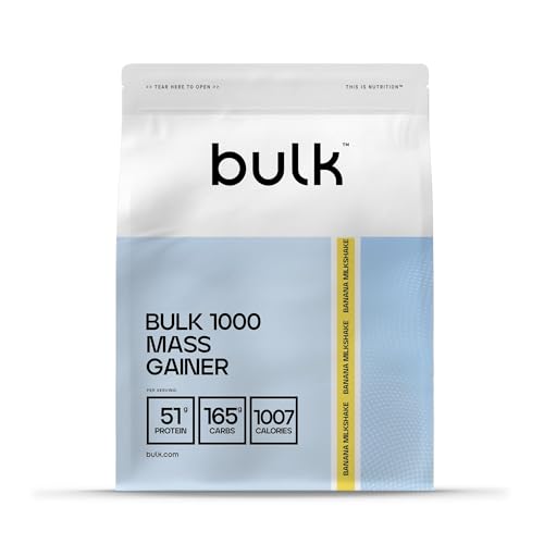 Bulk 1000 Mass Gainer en polvo | 2,5 kg | Batido de Plátano | Aumentador de masa alto en calorías con 51 g de proteína y 165 g de carbohidratos por porción | Al menos 1000 calorías por porción