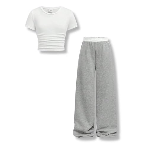 Voxikodex Size 11 12 Tween Girls Clothes 2 Piece Outfit Casual T-Shirt Top Palazzo Pants Fall 2025 Casual Clothing Set Grey(11-12)
