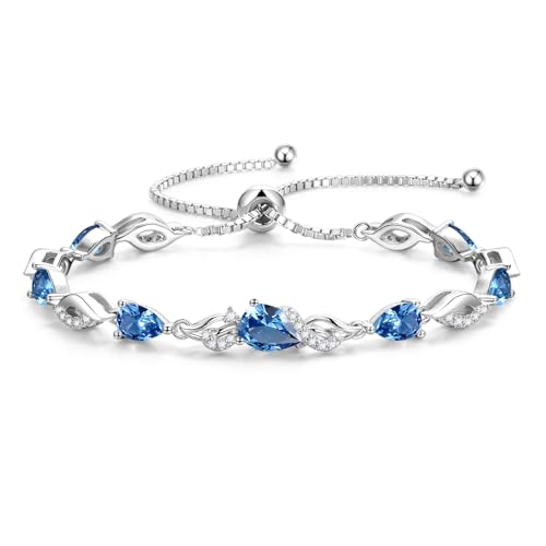 FANCIME December Birthstone Teardrop London Blue Topaz Tennis Bracelet for Women, Sterling Silver 9x7mm main Gemstone Bolo Adjustable Chain Bracelet Fine Jewelry Birthday Gifts for Women Mom Wife Her