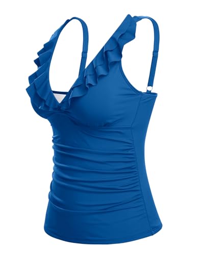 Image of Ruffle V Neck Tankini Top Only Women Tummy Control Swimsuit Tank Top | Removable cups for custom bust lift, Blend soft spandex to stretch easily
