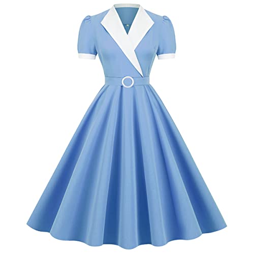 1950s Dresses for Women Vintage Cocktail Dress with Belt Short Sleeve Notched Lapel White Collar Rockabilly Swing Prom Party Dress Office Work 50's 60s Audrey Hepburn Style Dress Light Blue-Collared S