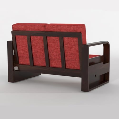 Image of Solid Sheesham Wooden 4 Seater Sofa Set for Living Room | Sofa Set with Side Pocket Storage & Cushion | Rosewood Sofa Set for Home (Walnut with Red Cushion, 4 Seater)