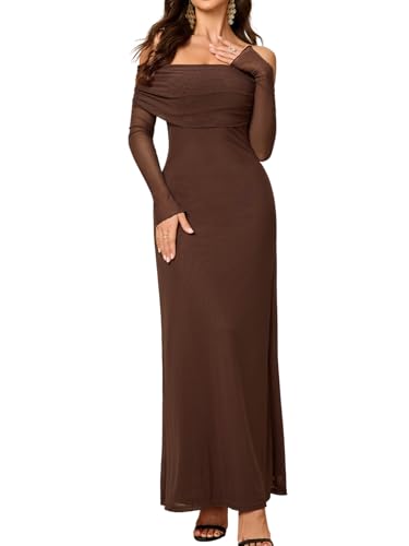 Colysmo Women Long Sleeve Mesh Off Shoulder Bodycon Maxi Dress Formal Wedding Guest Fall Dresses for Women 2025