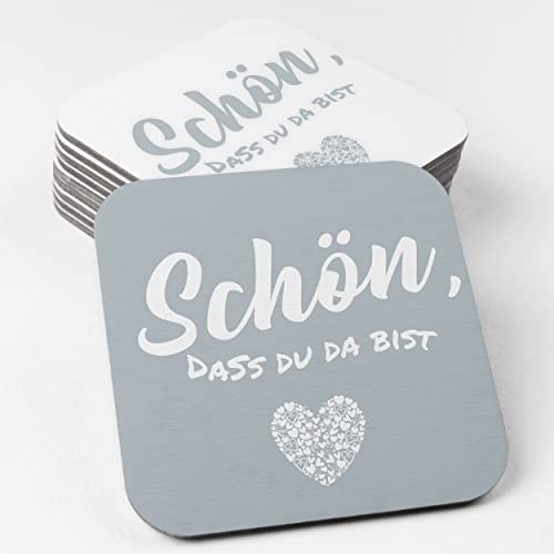 Posavasos para Vasos de cartón de Madera molida Respetuoso con el Medio Ambiente (50 Unidades) Es Bueno Que estés aquí I Posavasos Cuadrados en Gris I Decoración de Mesa 9,3 cm x 9,3 cm