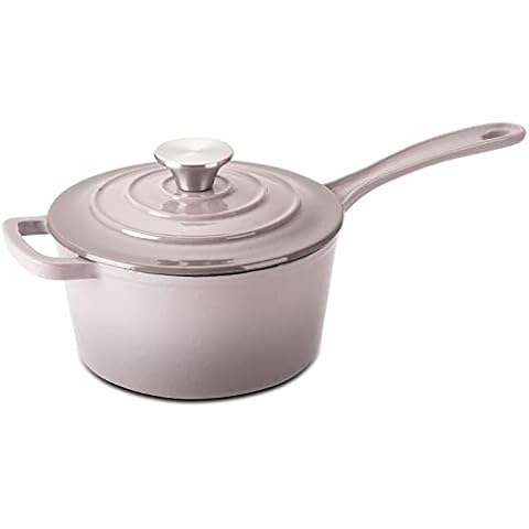 Hamilton Beach 2 Quart Enameled Cast Iron Covered Sauce Pan Cooking Pot with Stainless Steel Knob and Lid for Frying, Roasting, Baking, and More, Gray Cover