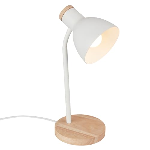 BRILONER - Nachttischlampe mit Kabelschalter, schwenkbar, E14, max. 10W, Tischlampe, Lampe, Schreibtischlampe, Tischleuchte, Bürolampe, Leselampe Bett, Leselicht, 14x38 cm, Weiß-Holz