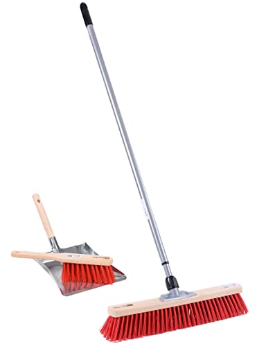 BawiTec Qualitäts Straßenbesen Kehrset 40cm Breit Kehrgarnitur mit Teleskopstiel verstellbar max. 200cm rote Elaston-Kunststoff-Borsten inkl. Handfeger 28cm Metall-Kehrblech mit Holzgriff Besen Set – Bild 3