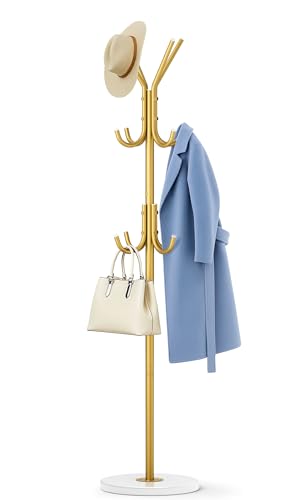 MISSLO Heavy Duty Coat Rack Freestanding with Stable Wood Base Modern Gold Coat Tree with 12 Hooks Adjustable Coats Hanger Stand Stylish Standing Clothes Tree for Entryway Bedroom Corner Hall