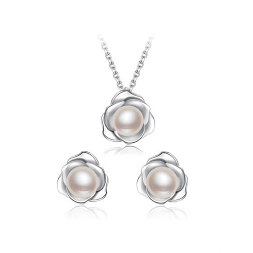 H'Helen Conjunto de collar y pendientes de perlas de agua dulce de Plata de Ley 925 con flor rosa, regalo para mujer