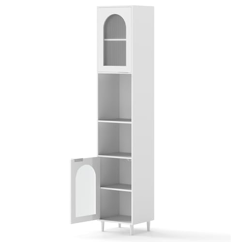 LIFEZEAL Armario Alto para Baño con Estantes Ajustables, Mueble Baño de Almacenamiento Estrecho con 2 Puertas de Vidrio y 2 Compartimentos Abiertos, Patas Elevadas, Blanco, 35 x 30 x 180 CM