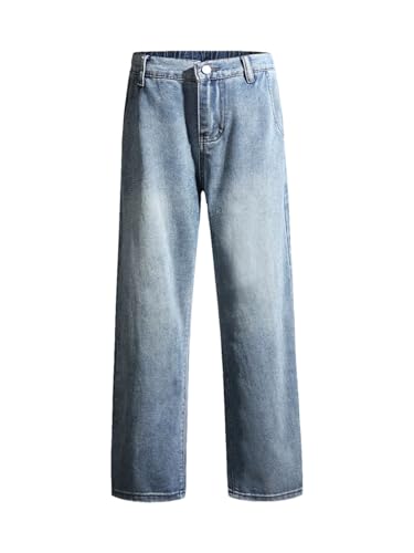 Men’S Straight Leg Korean Style Denim Jeans with Zipper Fly Mid Waist Loose Fit Casual Pants