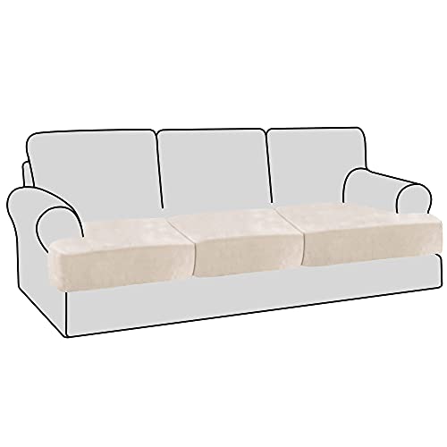 H.VERSAILTEX Stretch Velvet 3 Piece T Cushion Sofa Slipcovers Individually Sofa Cushion Covers for 3 Cushion Couch Seat Cushion Covers for Sofa Seat Cushion Covers Stay with Elastic Bands, Ivory