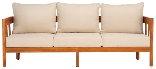SAFAVIEH Owen Outdoor Teak 3-Seater Sofa with Taupe Cushions