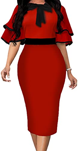 Image of Xinlees Women's Bodycon Pencil Dress Sexy Short Ruffles Sleeve Clubwear Basic Fitted Outfits Casual Midi Dresses