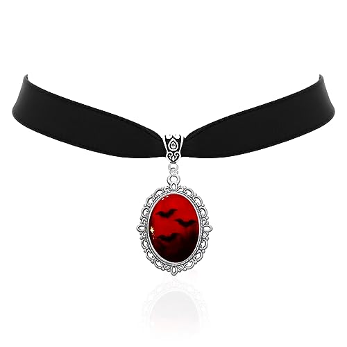 Blood Bat Cameo Choker Necklace Gothic Red Cabochon Pendent Necklace Vampire Accessories for Women