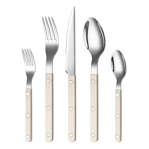 Khen Cutlery Set of 20, 18/8 Stainless Steel Flatware, Modern Silverware for Home, Kitchen, Dining & Table Setting for 4 – Stainless Steel, Dishwasher Safe, Lightweight & Ergonomic Design Gift - Cream