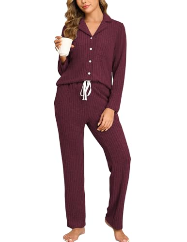 Image of Veseacky Women Ribbed Knit Pajamas Set Lounge Set 2-Piece Warm Sleepwear Nightwear Soft Fleece Pjs Set S-XXL
