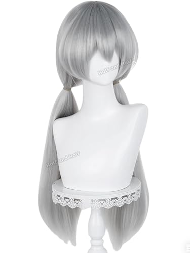 Image of Half and Half Silver Gray Ponytail Anime Cosplay Wig with Bangs 29.5'' Long Dark Gray Pigtail Twin Tail Wigs for Women Party Costumes Halloween