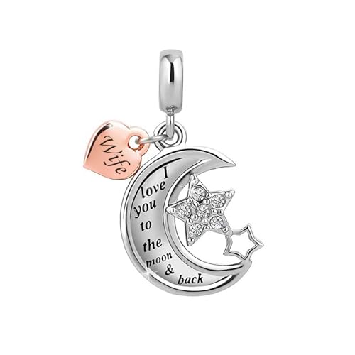 FGT Abalorio colgante de estrella de luna y corazón de dos tonos compatible con pulseras Pandora, amistad, cumpleaños, día de la madre, Navidad, I Love You to the Moon and Back, talla única, Cobre